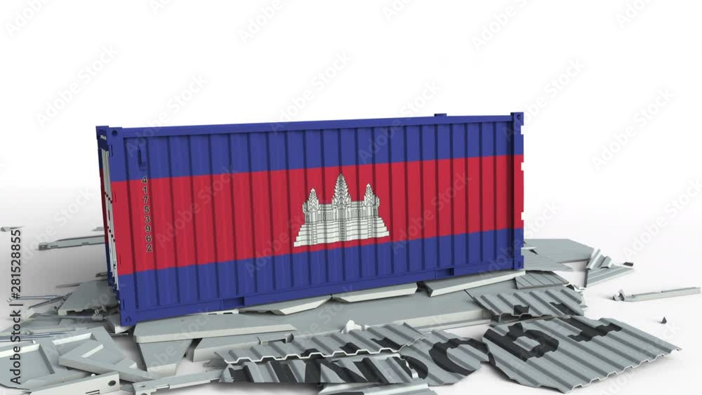 Poster cargo container with flag of cambodia breaks container with import text. conceptual 3d animation