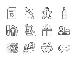 Set of Business icons, such as Delete file, Special offer, Chemistry pipette, Startup, Dots message, Gingerbread man, Artificial intelligence, Tea cup, Medical analyzes, Music phone. Vector