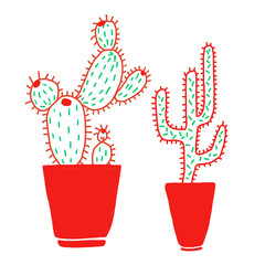 Hand drawn cacti with red pots on white  background in minimalistic  scandinavian style. Perfect for fabric, textile, print, banner.