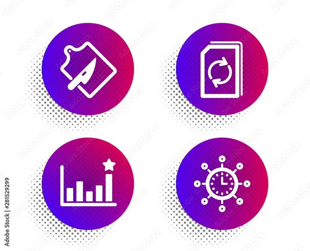 Poster update document, cutting board and efficacy icons simple set. halftone dots button. world time sign.