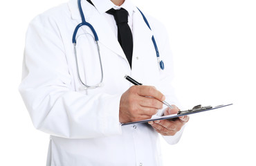 Doctor with clipboard in uniform on white background, closeup. Medical service