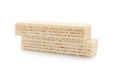 Delicious crispy wafers on white background. Sweet food