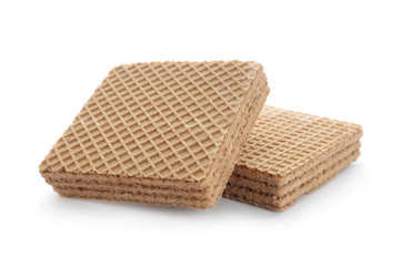 Delicious crispy wafers on white background. Sweet food