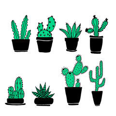 Set of hand drawn green cacti with black pots on white  background in minimalistic  scandinavian style. Perfect for fabric, textile, print, banner.