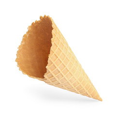 Empty wafer ice cream cone on white background