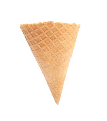 Empty wafer ice cream cone on white background