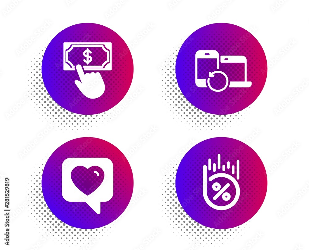 Poster recovery devices, heart and payment click icons simple set. halftone dots button. loan percent sign.