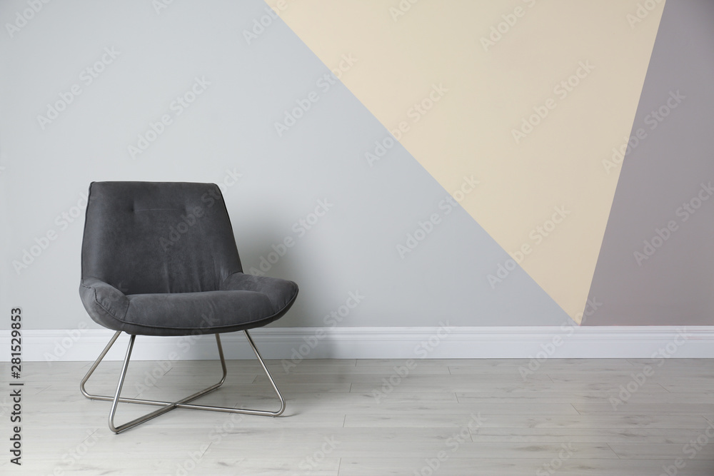 Wall mural Grey modern chair for interior design on wooden floor at color wall