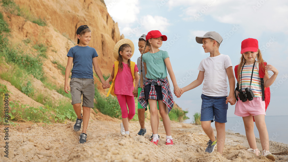 Poster Cute little children outdoors on summer day. Camping trip