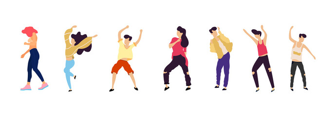 Crowd of young people dancing at club. Big set of characters having fun at party. Flat colorful vector illustration.