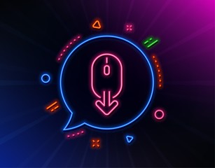 Scroll down mouse line icon. Neon laser lights. Scrolling screen sign. Swipe page. Glow laser speech bubble. Neon lights chat bubble. Banner badge with scroll down icon. Vector