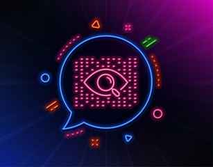 Artificial intelligence line icon. Neon laser lights. Search ai sign. Magnify glass eye. Glow laser speech bubble. Neon lights chat bubble. Banner badge with artificial intelligence icon. Vector