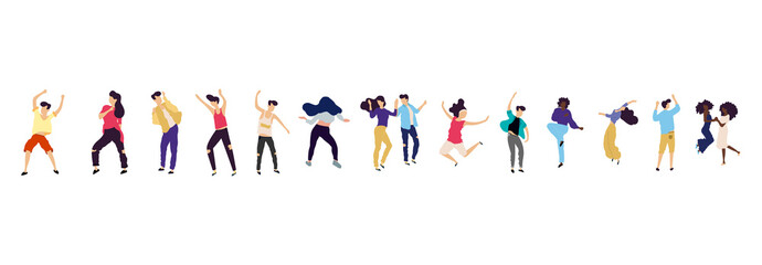 Fototapeta na wymiar Crowd of young people dancing at club. Big set of characters having fun at party. Flat colorful vector illustration.