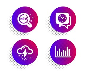Thunderstorm weather, New products and Clock icons simple set. Halftone dots button. Bar diagram sign. Thunder bolt, Search, Time. Statistics infochart. Science set. Vector