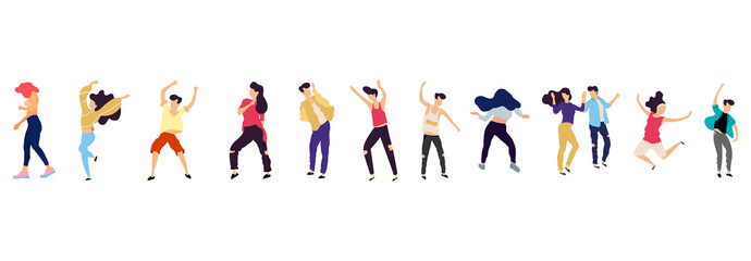 Crowd of young people dancing at club. Big set of characters having fun at party. Flat colorful vector illustration.