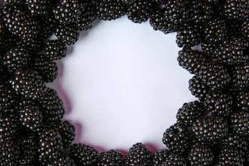 Composition with ripe blackberries on white background, top view. Space for text