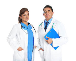 Fototapeta premium Portrait of Hispanic doctors isolated on white. Medical staff