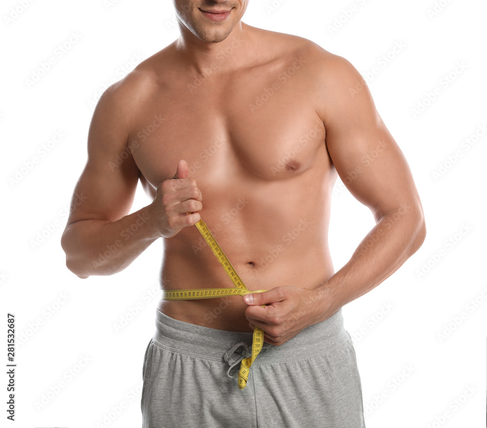 Poster Young man with slim body using measuring tape on white background, closeup view