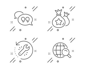 Loyalty points, Recovery tool and Quote bubble line icons set. Internet search sign. Money bags, Backup info, Chat comment. Web finder. Technology set. Line loyalty points outline icon. Vector