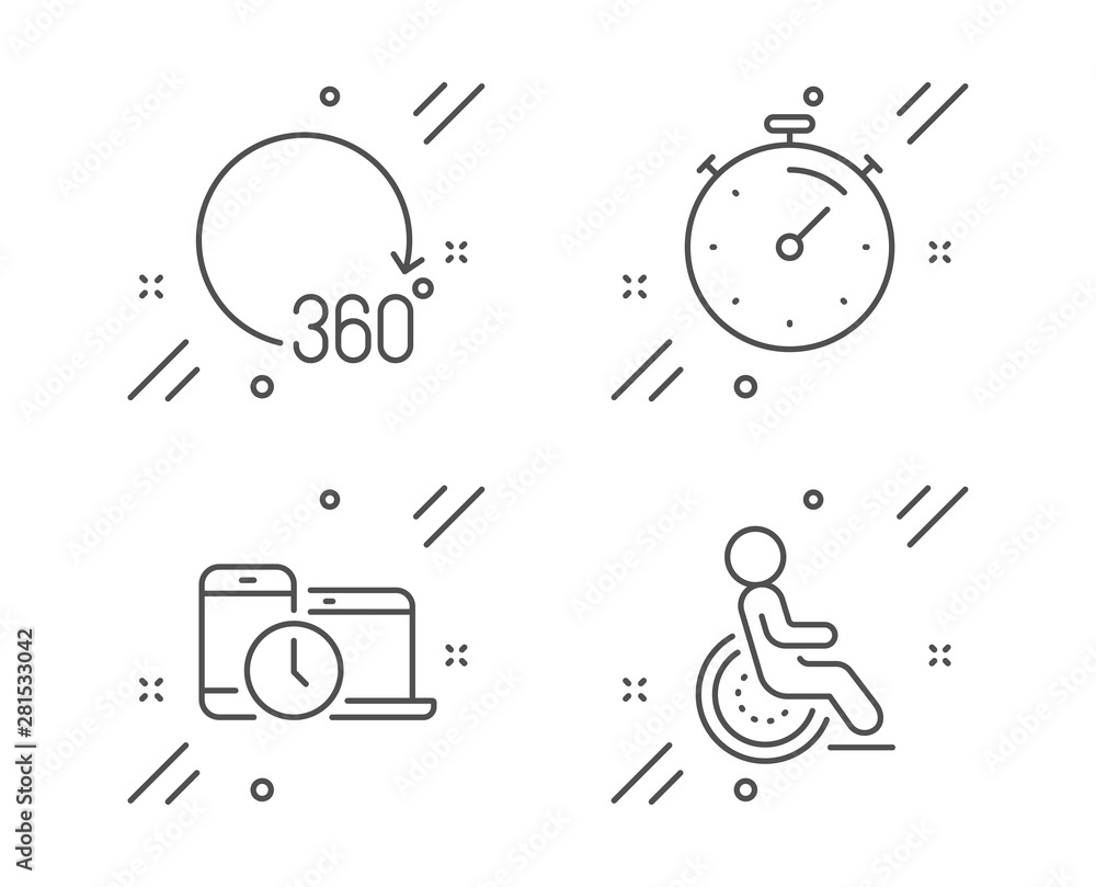 Poster timer, 360 degrees and time management line icons set. disability sign. deadline management, full ro