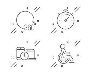 Timer, 360 degrees and Time management line icons set. Disability sign. Deadline management, Full rotation, Laptop device. Disabled person. Business set. Line timer outline icon. Vector