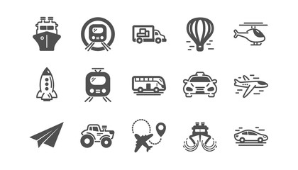 Fototapeta na wymiar Transport icons. Taxi, Helicopter and Train. Airplane classic icon set. Quality set. Vector