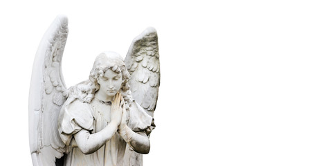 Guardian angel sculpture with open wings isolated on wide panorama banner white background with...