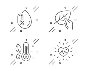 Organic tested, No alcohol and Thermometer line icons set. Heartbeat sign. Paraben, Mineral oil, Grow plant. Medical heart. Healthcare set. Line organic tested outline icon. Vector