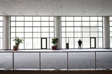 Rear view of businessman looking through window in convention center