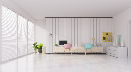 Office room with a pastel background, Front view of an working interior with white wall empty room.3D Rendering