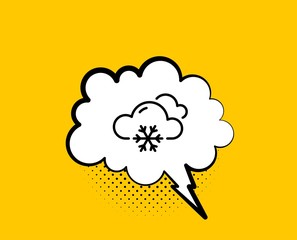 Snow weather forecast line icon. Comic speech bubble. Clouds with snowflake sign. Cloudy sky symbol. Yellow background with chat bubble. Snow weather icon. Colorful banner. Vector