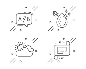Ab testing, Dirty water and Sunny weather line icons set. Architectural plan sign. Test chat, Aqua drop, Summer. Technical project. Science set. Line ab testing outline icon. Vector