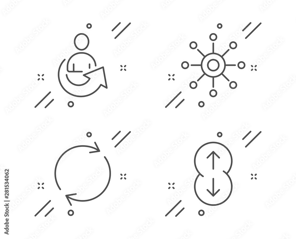 Poster Full rotation, Multichannel and Share line icons set. Scroll down sign. Refresh or reload, Multitasking, Referral person. Swipe arrow. Technology set. Line full rotation outline icon. Vector