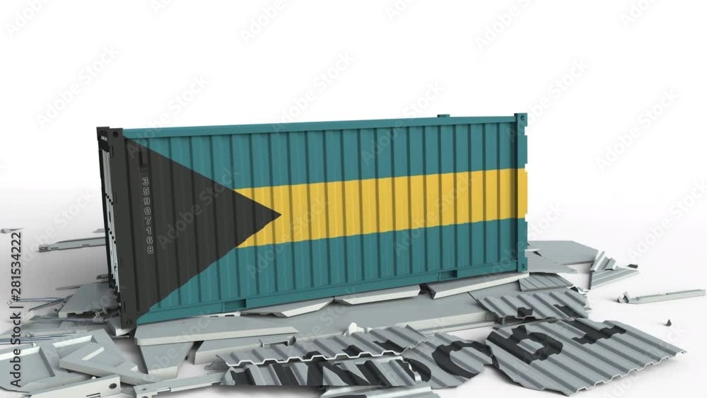 Poster cargo container with flag of bahamas breaks container with import text. conceptual 3d animation