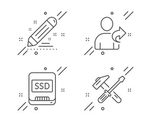 Refer friend, Ssd and Brand contract line icons set. Hammer tool sign. Share, Memory disk, Edit report. Repair screwdriver. Line refer friend outline icon. Vector