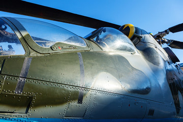 View of the cockpit of an armed Soviet military helicopter Mi-24, NATO classification: Hind. Soviet...
