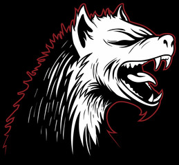 Vector hyena head with a grinning mouth on black background.