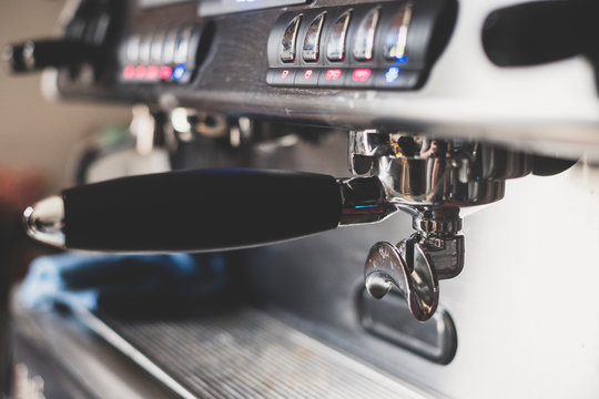 Close up of portafilter of an espresso machine