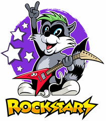Cartoon style raccoon playing electric guitar, vector cartoon character.