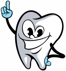 Cartoon style tooth character, medical logo design element.