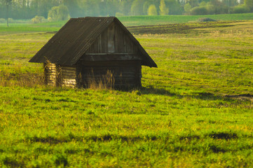 Obraz premium Old wooden house in the countryside. the house stands alone in the field