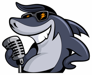 Funny, smiling shark cartoon character with the vintage microphone, sunglasses and the fifties style haircut, vector cartoon logo.