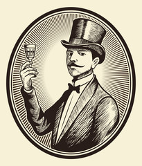 Portrait of old-fashioned, elegant gentleman wearing a cylinder hat with the wine glass in his hand, vintage vector image. - obrazy, fototapety, plakaty