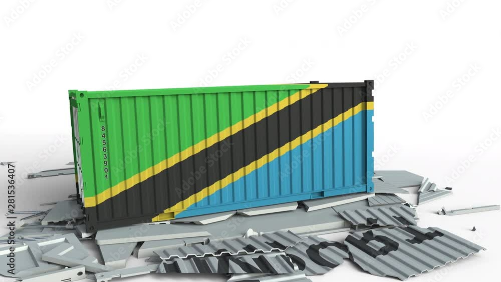 Poster cargo container with flag of tanzania breaks container with import text. conceptual 3d animation