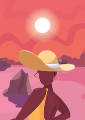 beautiful woman with swimsuit and hat summer time