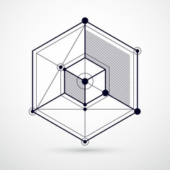 Isometric abstract black and white background with linear dimensional cube shapes, vector 3d mesh elements. Layout of cubes, hexagons, squares, rectangles and different abstract elements.