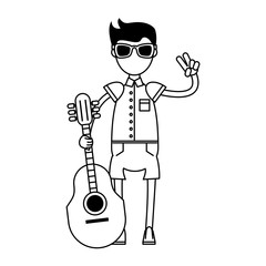 hipster boy with acoustic guitar in black and white