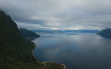 Fototapeta na wymiar Aerial(drone) view on mountains and Vartdalsfjord in july 2019, Norway