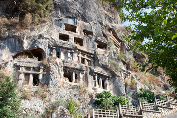 Fethiye King Tombs, Fethiye center of the 4th century BC, carved into the rock tomb. The Lycian Amintas King Tombs were built in Ionian style and carved from a single piece of rock.