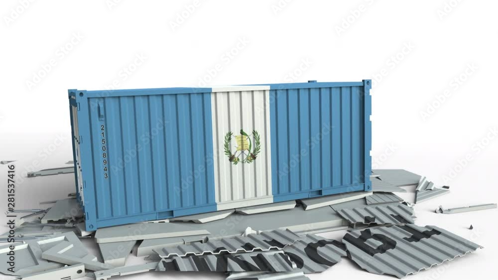 Poster cargo container with flag of guatemala breaks container with import text. conceptual 3d animation